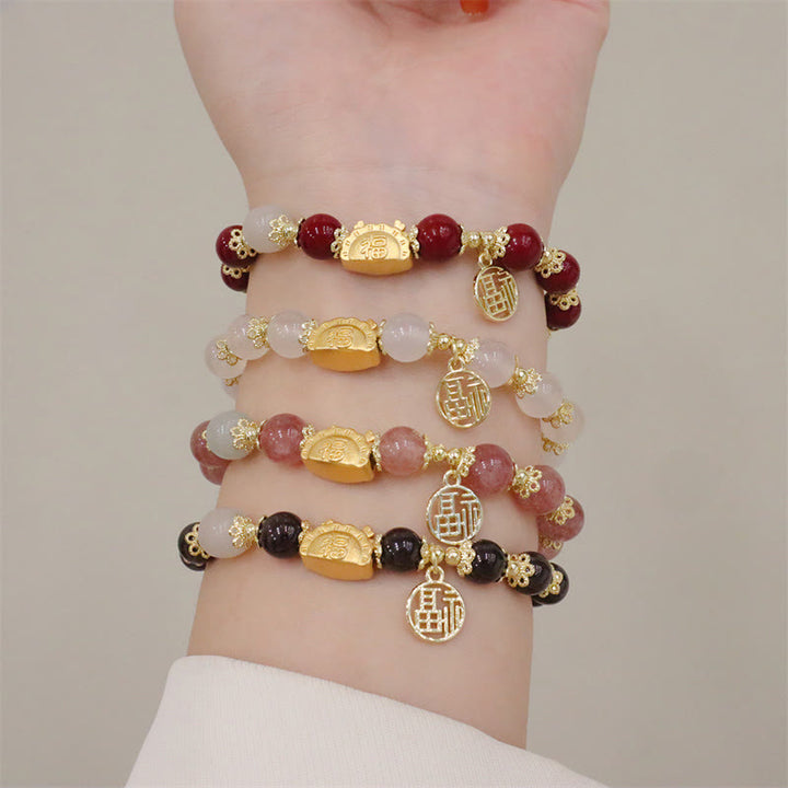 Buddha Stones Año del Dragón Ágata roja Cuarzo fresa Obsidiana negra Jade Granate Perla Cinabrio Bola de masa Dragón Suerte Fu Pulsera con personajes