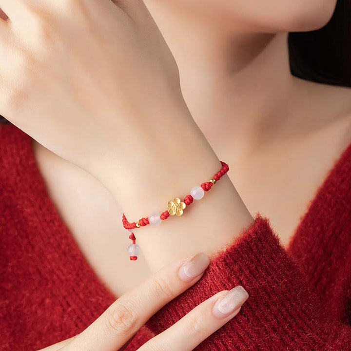 Pulsera de cuerda roja de la suerte con cuentas de calcedonia de cerezo y flor de melocotón de Plata de Ley 925 hecha a mano con Buddha Stones