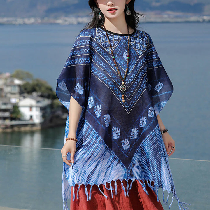 Jersey suave con chal Batik de rayas triangulares azules con Buddha Stones 90*95cm