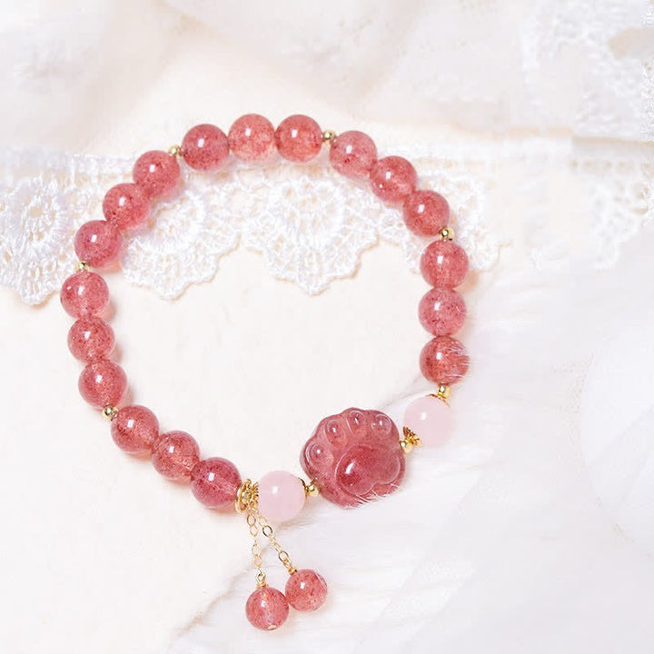 Pulsera de amor con forma de pata de gato de la suerte, cristal rosa, cuarzo fresa Natural, Buddha Stones - Cuarzo fresa - image 1