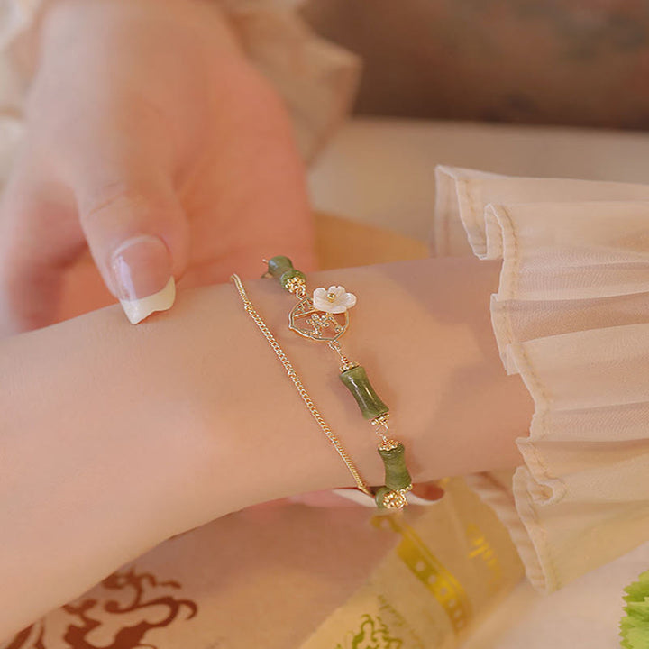Pulsera de doble capa de cobre chapado en oro de 14 quilates con Buddha Stones , peridoto, flor de bambú y riqueza
