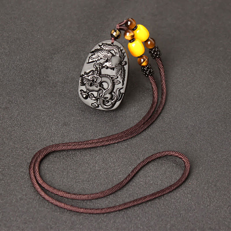 Colgante de collar con cuentas de protección de dragón y fénix de ojo de tigre de obsidiana negra - Cuerda de cuentas de obsidiana y ojo de tigre - image 8