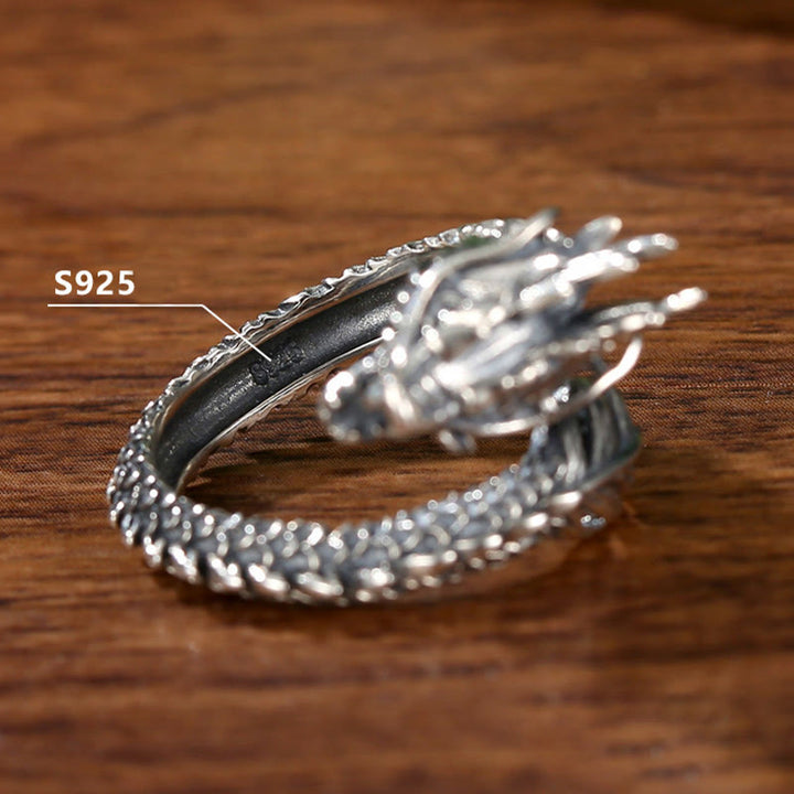 Anillo ajustable de plata de ley 925 con Buddha Stones , diseño de dragón vintage, protección del éxito, fuerza