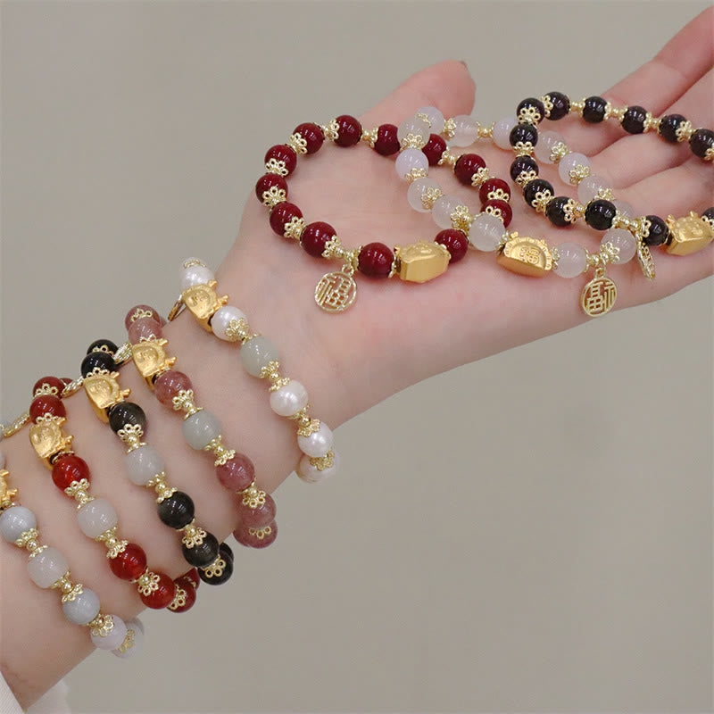 Buddha Stones Año del Dragón Ágata roja Cuarzo fresa Obsidiana negra Jade Granate Perla Cinabrio Bola de masa Dragón Suerte Fu Pulsera con personajes