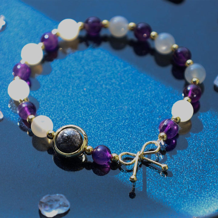 Pulsera de cuentas espirituales de cuarzo rutilado negro con ojo de gato y amatista - image 6