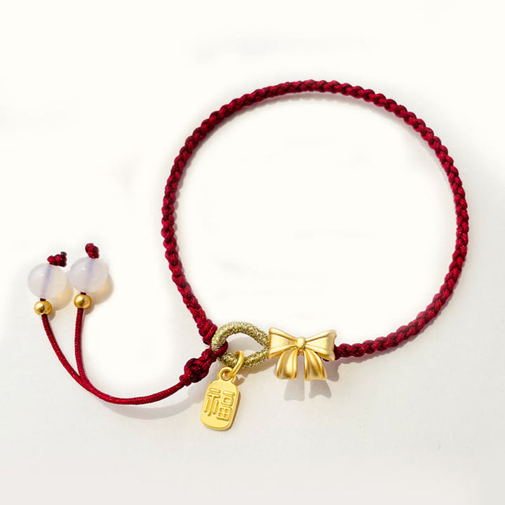 Buddha Stones hechas a mano, flor de melocotón, roseta, lazo, nudo Fu, amuleto, suerte, pulsera de cuerda roja