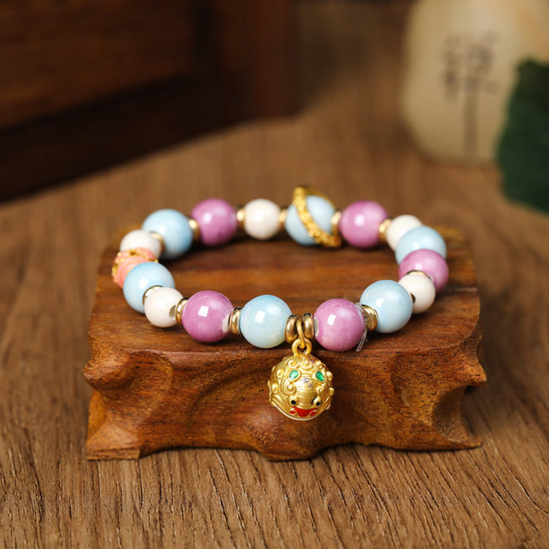 Buddha Stones tibetano Zakiram diosa de la riqueza conejo cabeza de león encanto Liuli vidrio incienso ceniza porcelana cuentas pulsera de protección