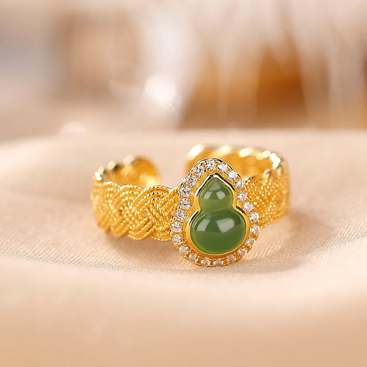 Juego de anillos y pulsera de la suerte con forma de calabaza de jade cian hetiano natural chapado en plata de ley 925 con Buddha Stones