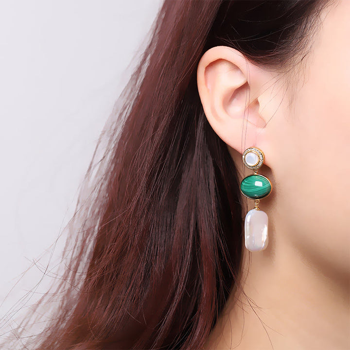 Pendientes colgantes de sabiduría curativa de malaquita, Perla Barroca Natural de Plata de Ley 925 con Buddha Stones