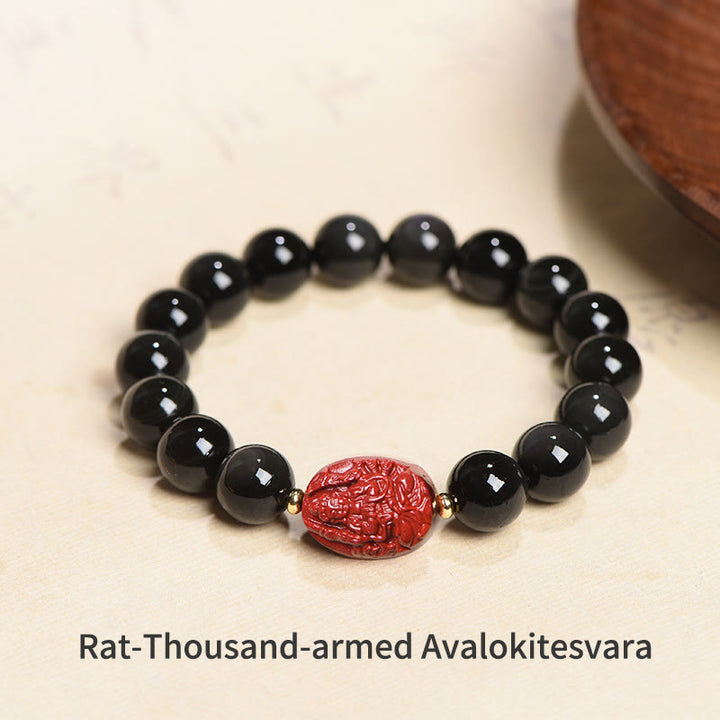 Pulsera de purificación de cinabrio de obsidiana negra Natural de Buda natal del zodiaco chino con Buddha Stones