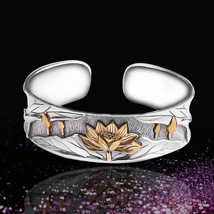 Pulsera ajustable con diseño de flor de loto de plata de ley 925 con Buddha Stones