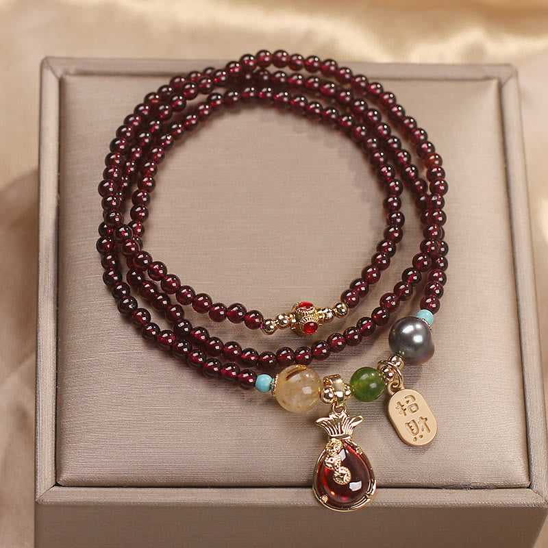 Buddha Stones de múltiples capas, granate Natural, Jade, moneda, bolsa de dinero, pulsera de protección de riqueza