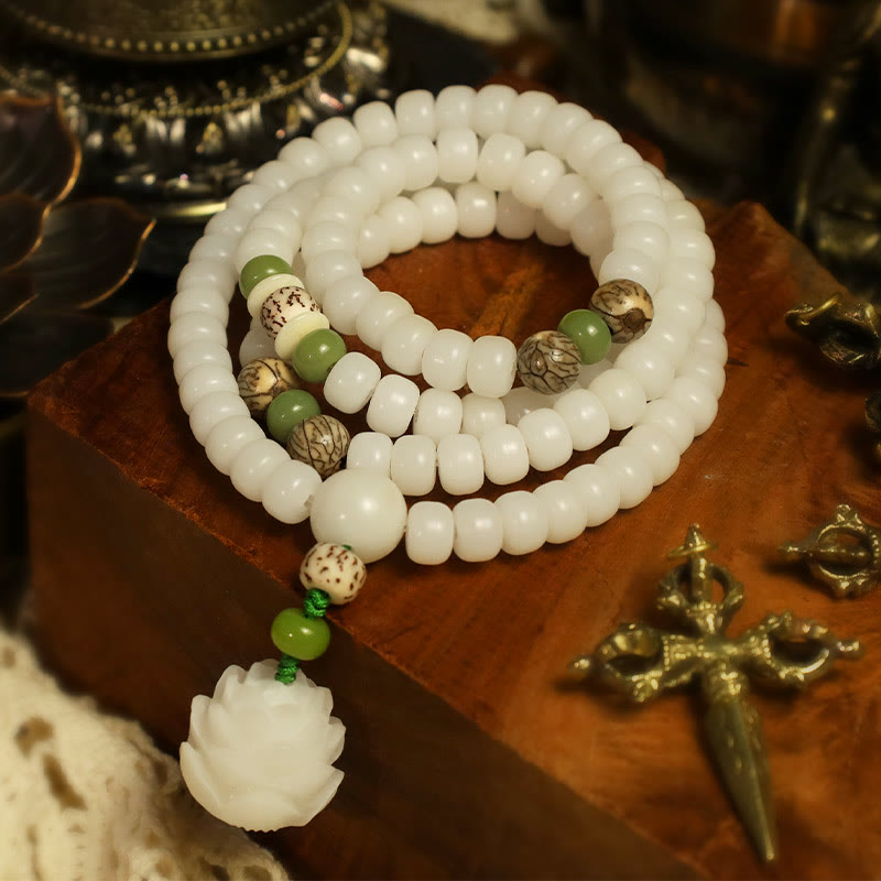 Buddha Stones Jade Blanco Bodhi Lotus Mala Armonía Collar Pulsera - image 1