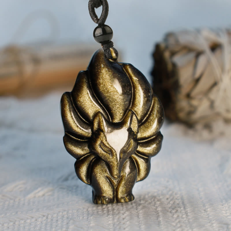 Collar de protección con colgante de zorro de obsidiana con brillo dorado de fluorita natural con Buddha Stones