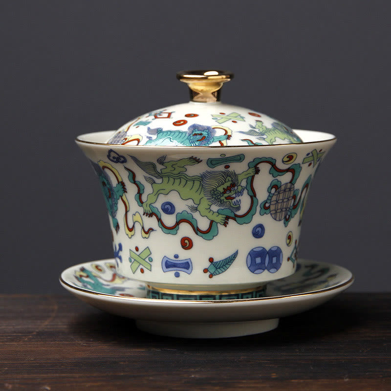 Buddha Stones Retro, flor de ciruelo, pino, bambú, Phoenix, Kirin, cerámica, Gaiwan Sancai, taza de té de Kung Fu y platillo con tapa