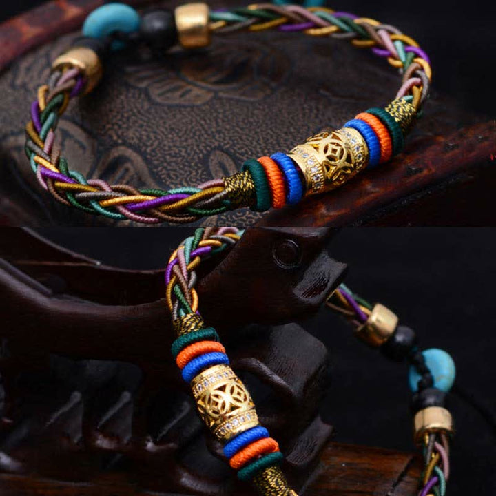 Pulsera de cuerda tejida con moneda de cobre, hecha a mano, con nudo de ocho hilos, Buddha Stones tibetanas
