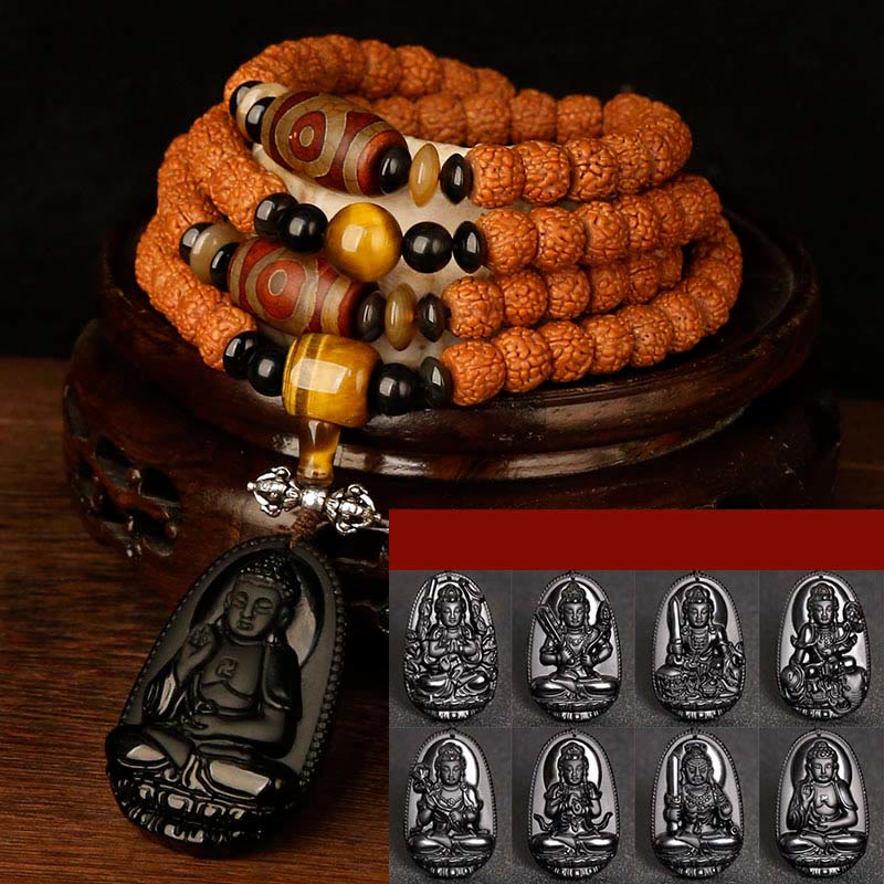 Tíbet 108 Mala cuentas Rudraksha Bodhi semilla zodiaco chino Buda Natal pulsera con dijes de riqueza