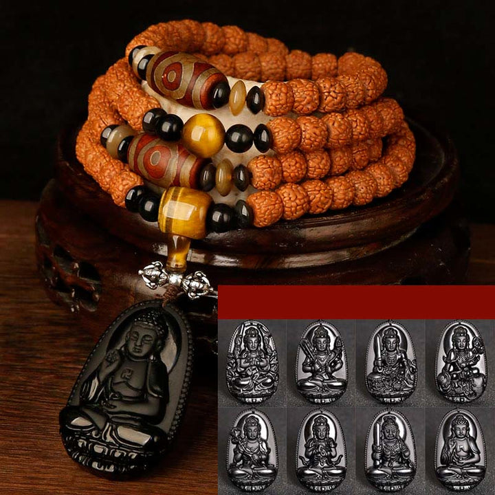 Tíbet 108 Mala cuentas Rudraksha Bodhi semilla zodiaco chino Buda Natal pulsera con dijes de riqueza