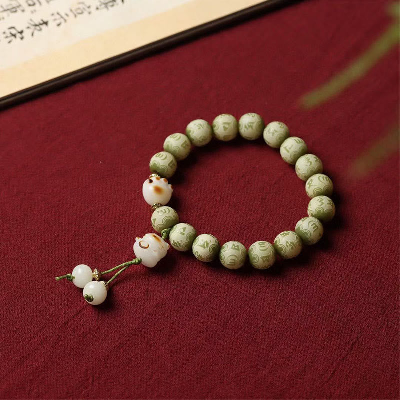 Pulsera de sabiduría grabada con Buddha Stones, semilla de Bodhi verde, pata de gato, Om Mani Padme Hum - Semilla de Bodhi (Auspiciosidad ♥Suerte) - image 1