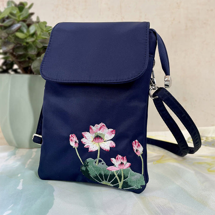 Buddha Stones, resistente al agua, hecho a mano, bordado, flores de loto, bolso de hombro, bolso para teléfono móvil