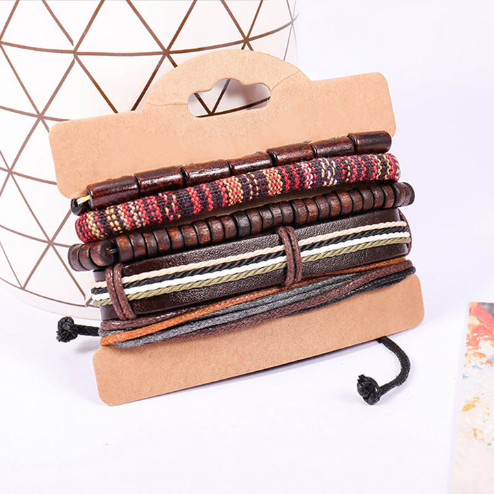 Pulsera de cuero con cuentas de madera y cordones de cáñamo envueltos con Buddha Stones