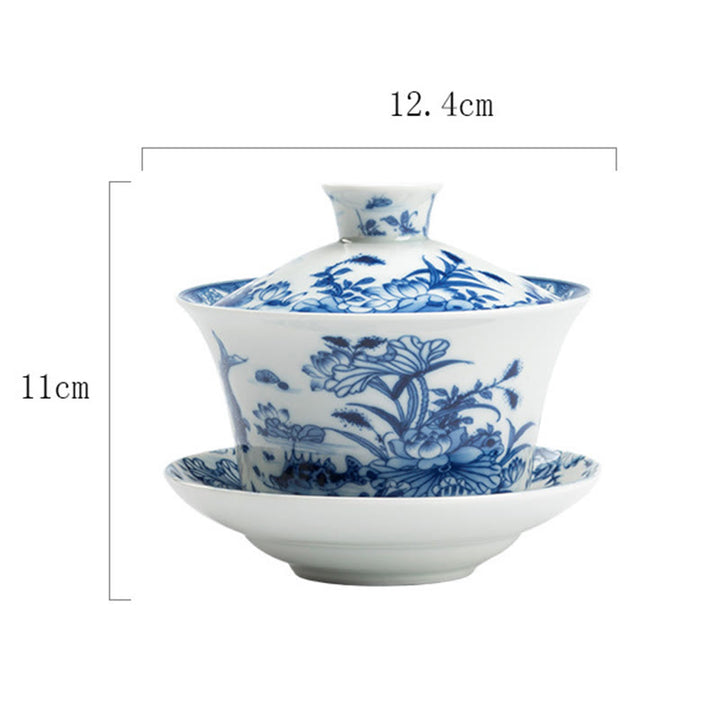 Buddha Stones Porcelana Azul Y Blanca Loto Pez Koi Danza Del León Sandía Cerámica Gaiwan Sancai Taza De Té Kung Fu Taza De Té Y Platillo Con Tapa 300ml