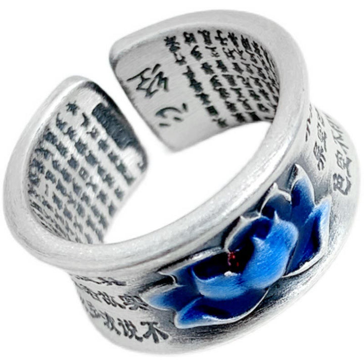 Anillo de iluminación con patrón grabado de Sutra de corazón de flor de loto azul con Buddha Stones