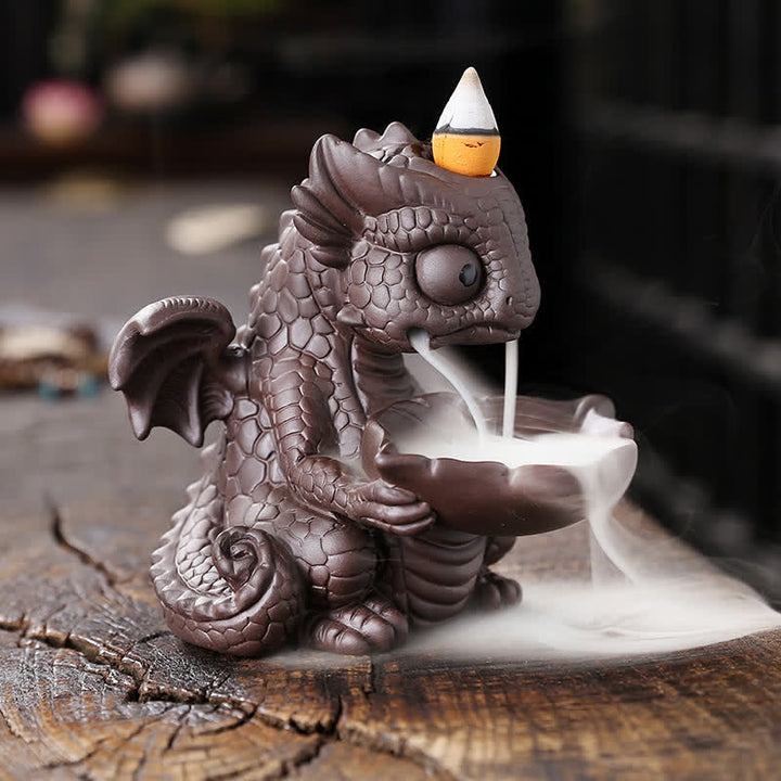 Precioso dinosaurio de arcilla púrpura, fuente de humo de reflujo, decoración de quemador de incienso curativo