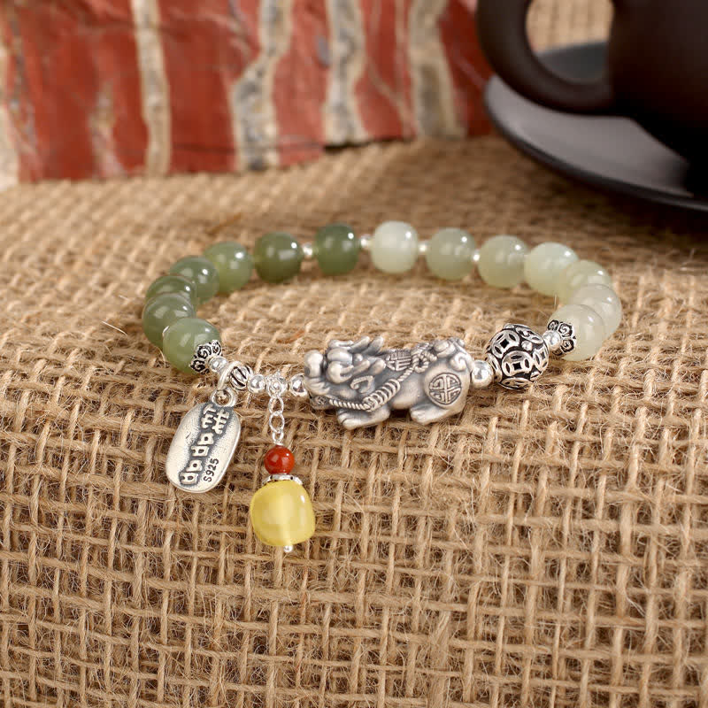 Pulsera de la suerte PiXiu de ámbar y jade hetiano natural de plata de ley 925