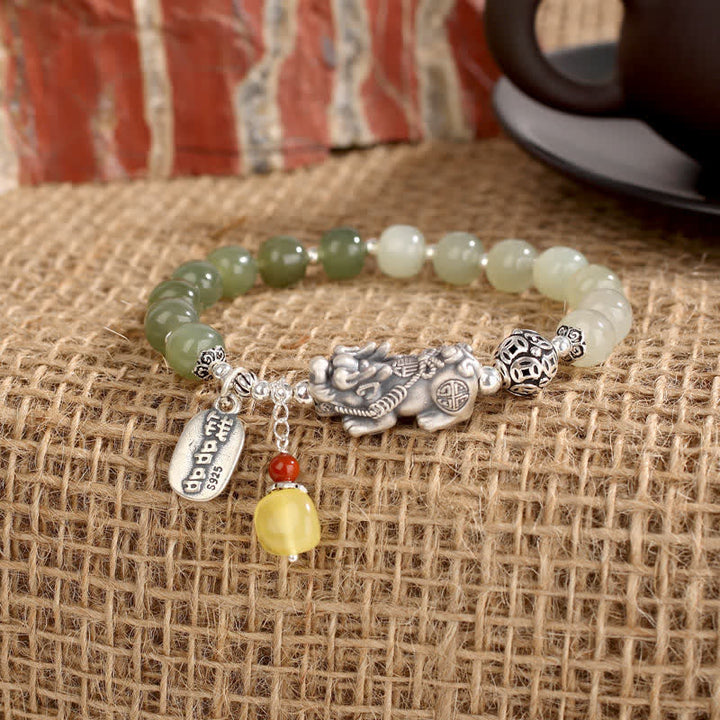 Pulsera de la suerte PiXiu de ámbar y jade hetiano natural de plata de ley 925