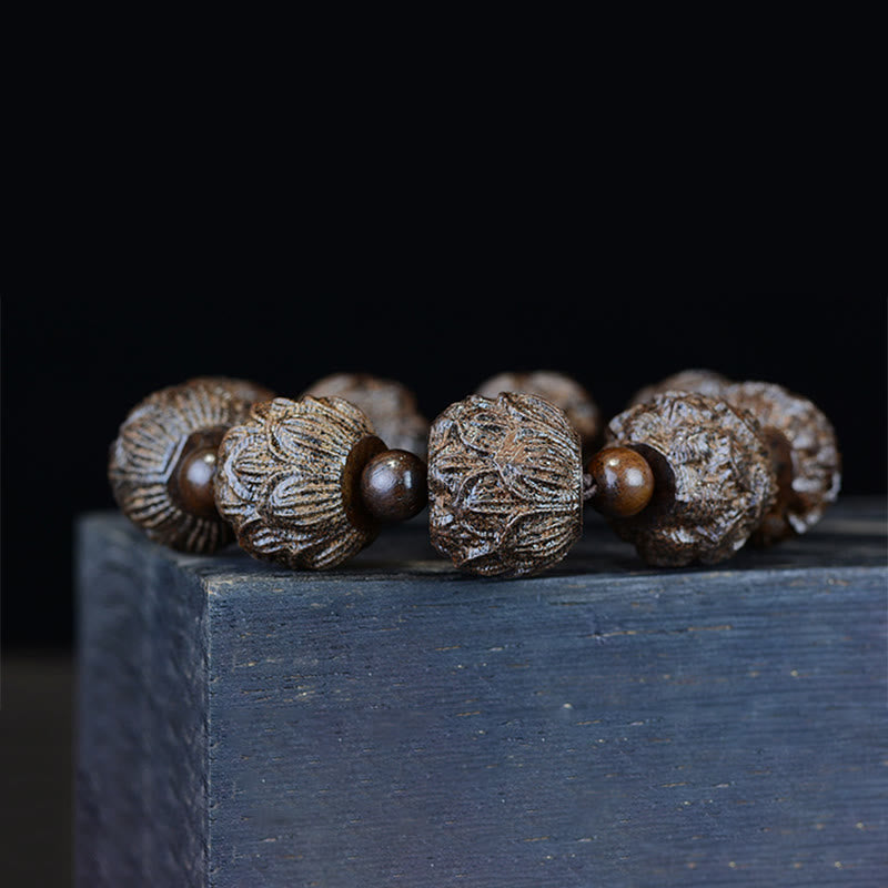 Pulsera de equilibrio grabada con dragón de loto, dieciocho arhats, madera de ébano, Buddha Stones