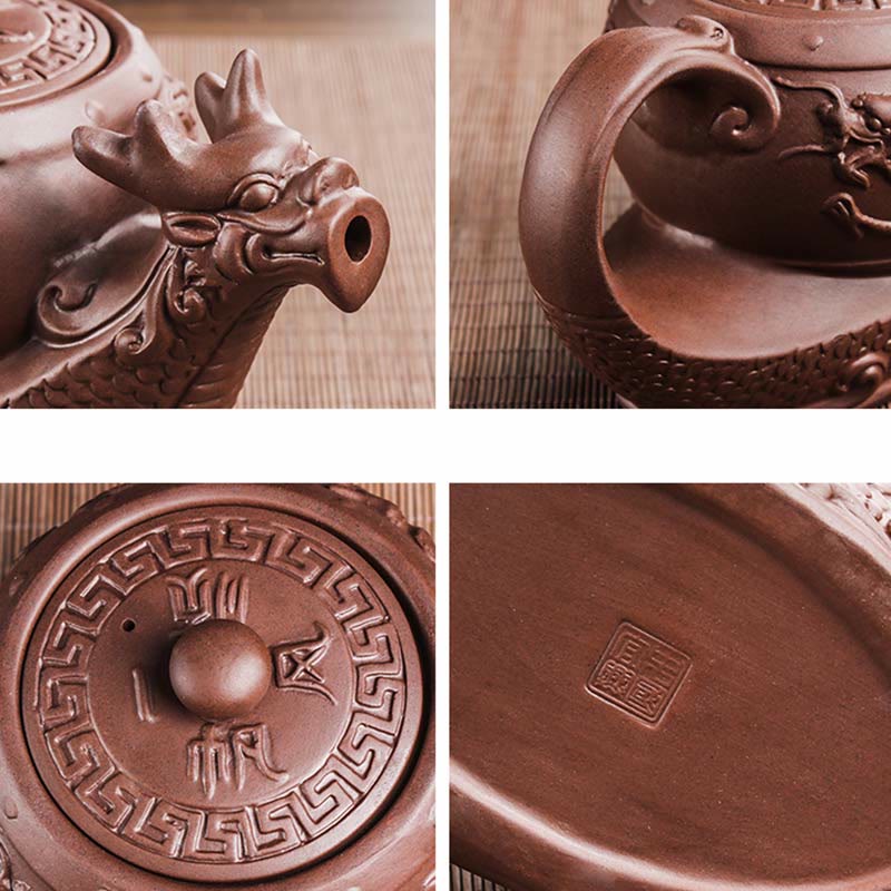 Tetera de cerámica de arcilla púrpura con nubes propicias de dragón Vintage con Buddha Stones