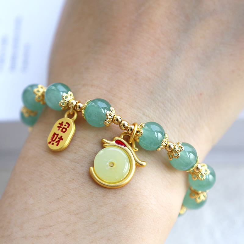 Buddha Stones Año del Dragón Ágata Roja Aventurina Verde Hebilla de la Paz Personaje Fu Pulsera de la Fortuna de la Suerte