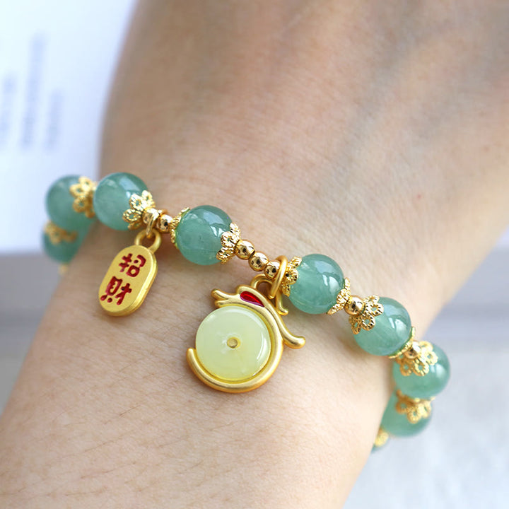 Buddha Stones Año del Dragón Ágata Roja Aventurina Verde Hebilla de la Paz Personaje Fu Pulsera de la Fortuna de la Suerte