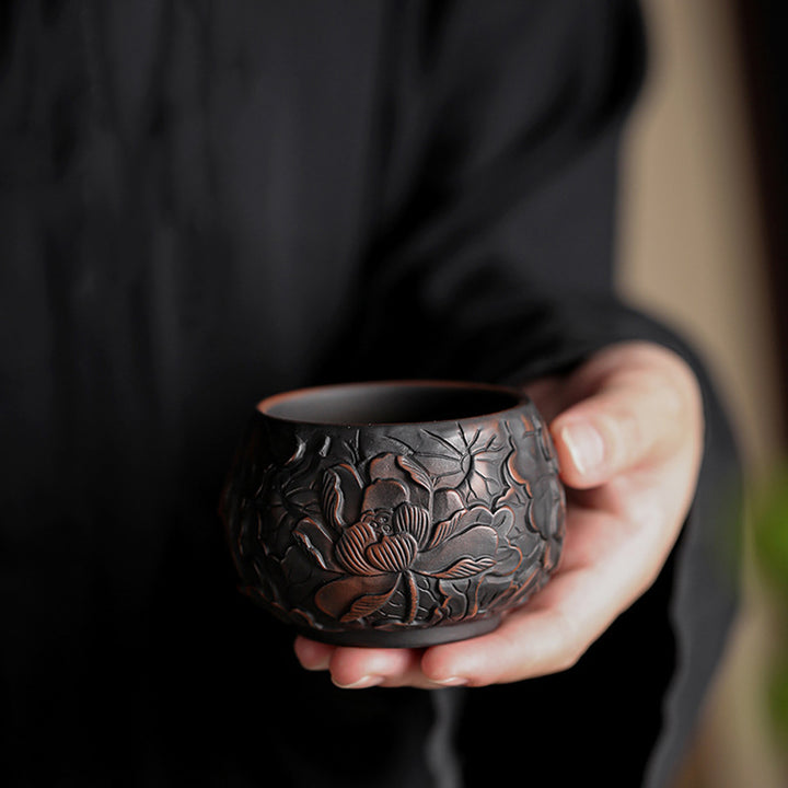 Buddha Stones, hoja de loto, paisaje de flores, dragón, taza de té de cerámica de bambú, tazón de taza de té de Kung Fu