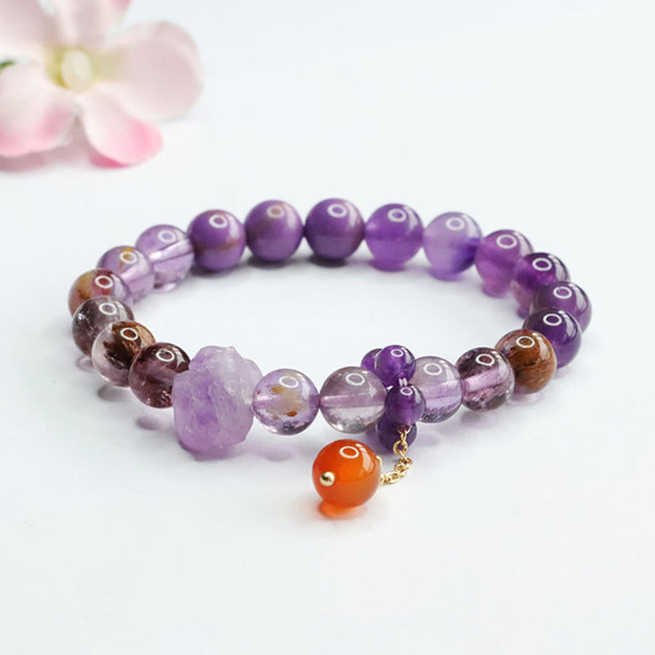 Pulsera de conciencia espiritual con Buddha Stones, amatista natural, púrpura, piedra fantasma
