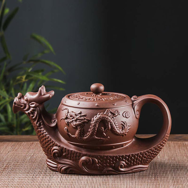 Tetera de cerámica de arcilla púrpura con nubes propicias de dragón Vintage con Buddha Stones
