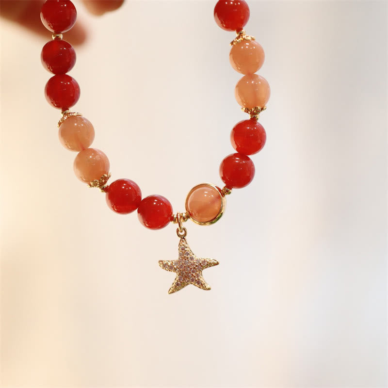 Pulsera de riqueza de estrella de cristal de ágata roja, piedra lunar, melocotón, piedra solar