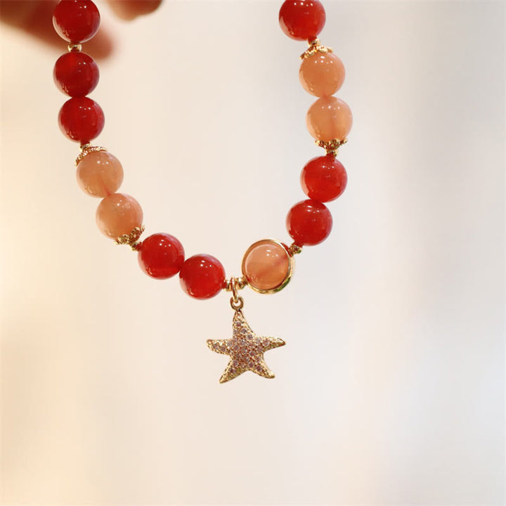 Pulsera de riqueza de estrella de cristal de ágata roja, piedra lunar, melocotón, piedra solar