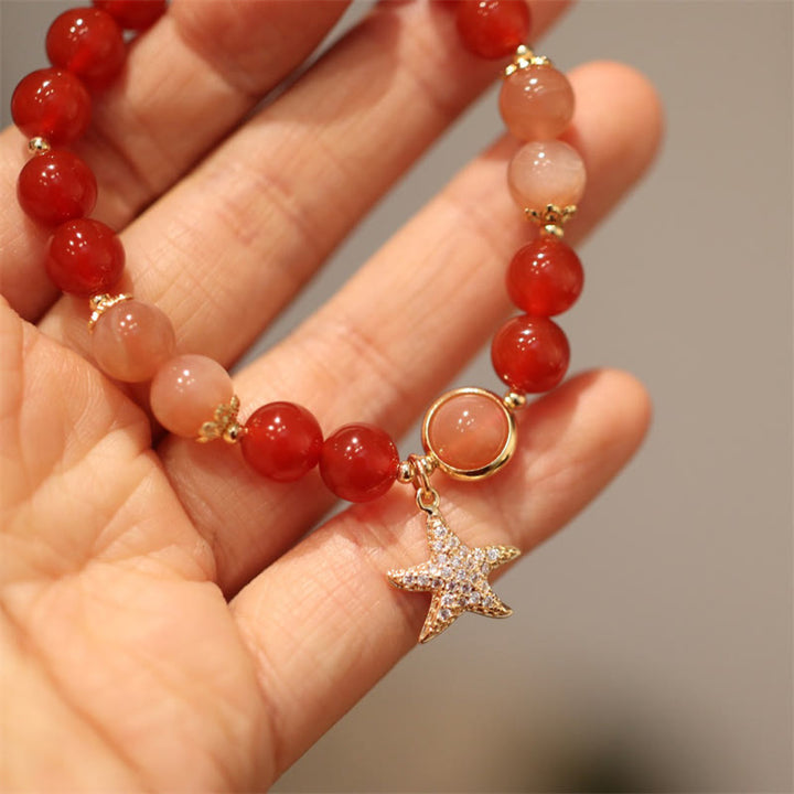 Pulsera de riqueza de estrella de cristal de ágata roja, piedra lunar, melocotón, piedra solar