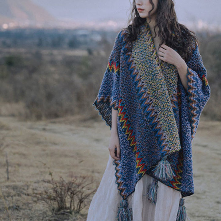Mantón tibetano de Buddha Stones, capa de punto suave y cálida, bufanda tibetana con borlas de invierno - image 12
