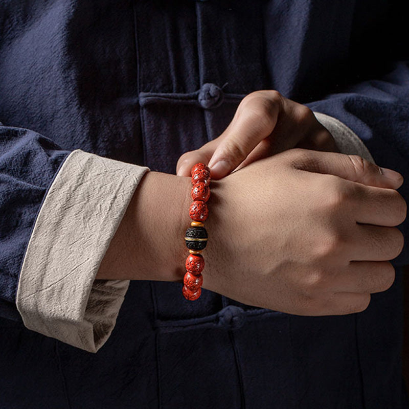 Pulsera de bendición tranquila de ébano y cinabrio natural con Buddha Stones