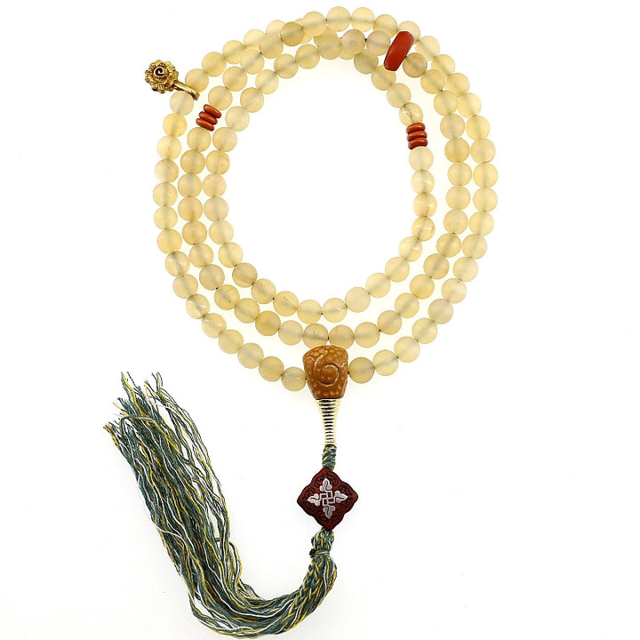 Pulsera de la suerte con 108 cuentas de Mala, cuerno de oveja del Tíbet, ámbar