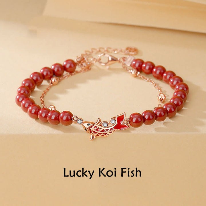 Pulsera de cadena de doble capa de plata de ley 925 con Buddha Stones , pez Koi de la suerte, circonita cinabrio, prosperidad