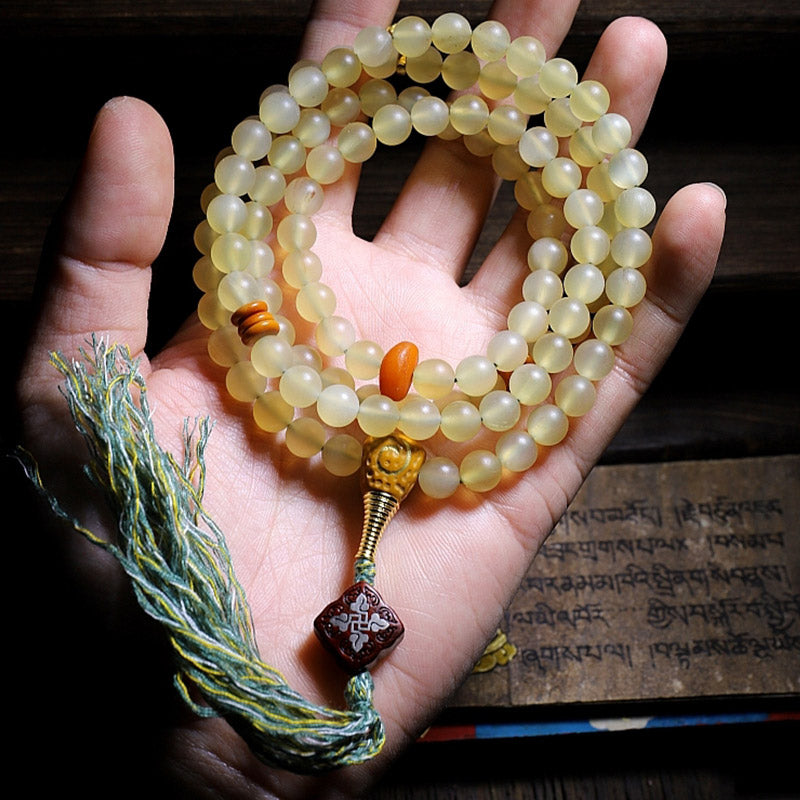 Pulsera de la suerte con 108 cuentas de Mala, cuerno de oveja del Tíbet, ámbar