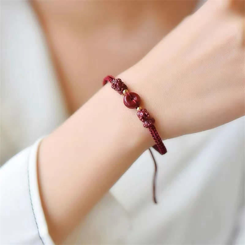 Pulsera de hilo rojo con hebilla de paz y moneda de cobre con bendición de PiXiu y cinabrio de Buddha Stones