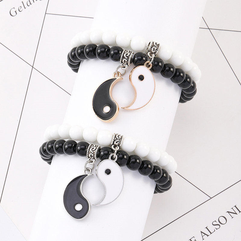 Buddha Stones 2 uds. Pulsera de pareja de protección Yin Yang con cuentas de turquesa blanca y ónix negro