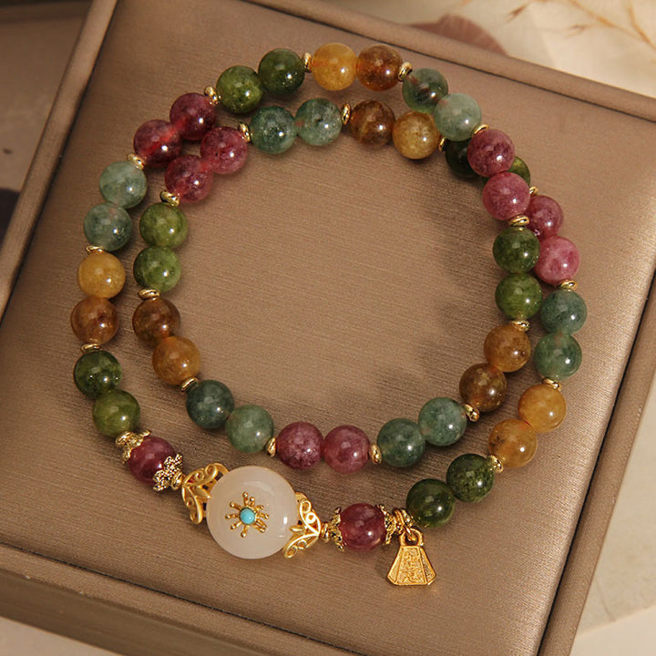 Pulsera de doble envoltura con flor de jade positivo de turmalina multicolor natural de Buddha Stones