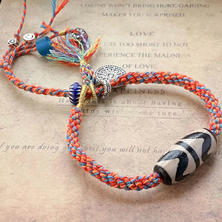 Pulsera trenzada de protección de cuentas Dzi hecha a mano Om Mani Padme Hum de plata de ley 925 tibetana