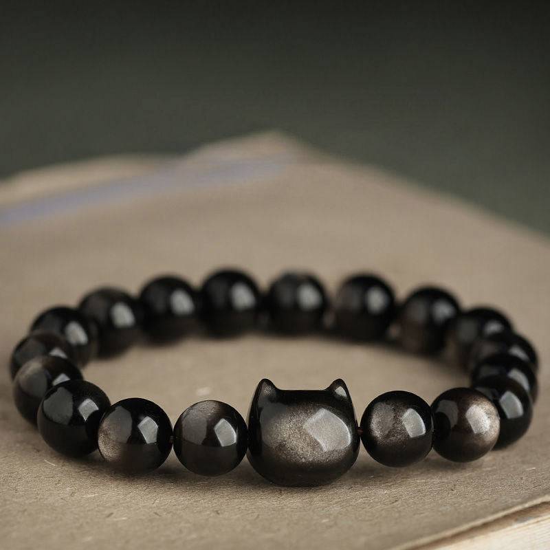 Buddha Stones Obsidiana con brillo dorado Obsidiana con brillo plateado Pata encantadora Pulsera de protección del gato de la suerte - image 13